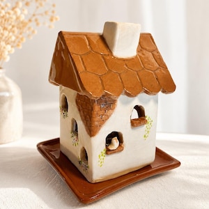 Kleine keramische huisvormige diffuser | Waxmelt- en etherische oliebrander | Gezellige cottage-stijl woondecoratie