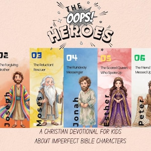 May include: A poster titled THE OOPS! HEROES featuring seven numbered panels with illustrations of biblical figures: David, Joseph, Moses, Jonah, Esther, Peter, and Thomas. Text includes A CHRISTIAN DEVOTIONAL FOR KIDS ABOUT IMPERFECT BIBLE CHARACTERS.