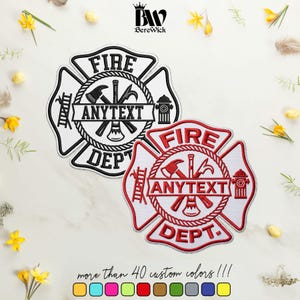 May include: Two embroidered Maltese cross patches featuring the text FIRE DEPT and ANYTEXT in the center. One patch is outlined in black, the other in red. Both include icons of a ladder, axe, pike pole, and fire hydrant within the design.