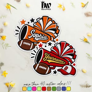 May include: Two embroidered patches featuring cheerleading megaphones, pom-poms, and footballs. One megaphone displays the name Sophia, the other says YOURNAME. The second patch includes a baseball cap with the number 2. Text reads: more than 40 custom colors!!!