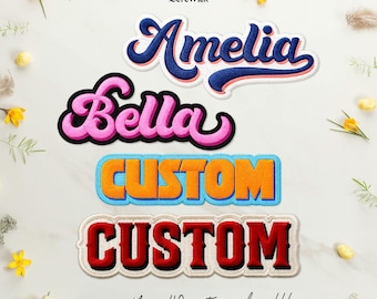 Puede incluir: Cuatro parches bordados con los nombres Amelia en azul y rosa, Bella en rosa y negro, y la palabra CUSTOM en naranja y azul, y rojo y blanco. El texto incluye el logotipo de BereWick y la frase more than 40 custom colors!!!