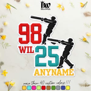 May include: An embroidered patch featuring two black silhouettes of cricket players batting. The design includes the red number 98, the red text WIL, the teal number 25, and the yellow text ANYNAME, all outlined in white on a white background.