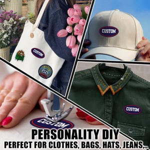 May include: An oval-shaped patch with a dark blue centre, white text reading CUSTOM, and a red border. The patch is shown applied to a white canvas tote bag, a beige baseball cap, and a dark green button-down shirt, and being sewn on fabric.