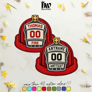 May include: Two embroidered patches shaped like red firefighter helmets. The top patch features the name THOMAS, the number 00, and the word FIRE. The bottom patch displays ANYNAME, the number 00, and ANYTEXT. Both have a gold cross emblem.