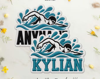 Custom Swimming Name Patch Personalized Swimmer Athlete Embroidered Patch Iron On Sew On Hook & Loop For Jacket Hat Jeans Backpack Gear