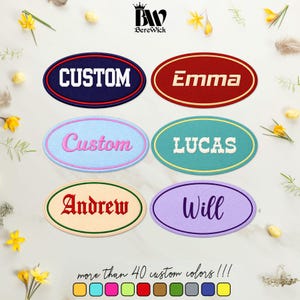 May include: Six oval embroidered patches with various colored borders and backgrounds. The patches feature the text CUSTOM, Emma, Custom, LUCAS, Andrew, and Will in different fonts. The image includes the BereWick logo and color swatches.