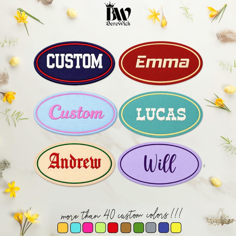 May include: Six oval embroidered patches with various coloured borders and backgrounds. The patches feature the text CUSTOM, Emma, Custom, LUCAS, Andrew, and Will in different fonts. The image includes the BereWick logo and colour swatches.