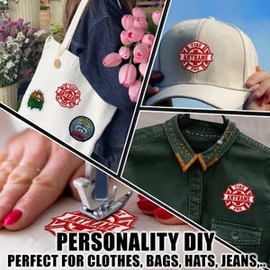 May include: A collection of embroidered patches featuring a red and white fire department emblem with the text ANYNAME, a raccoon patch, and a hedgehog in a dumpster patch, shown applied to a canvas tote bag, a beige baseball cap, and a green shirt.