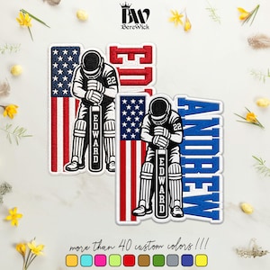 May include: Two embroidered patches featuring a cricket player in protective gear leaning on a bat with the name Edward, set against a United States flag background. One patch includes the name Edward in red, the other includes the name Andrew in blue.