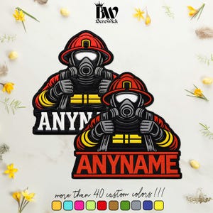 May include: Two embroidered patches featuring a firefighter in a red helmet and gas mask, holding a hose. The design includes a yellow reflective stripe on the chest and a red rectangular banner at the bottom with the text ANYNAME in bold letters.