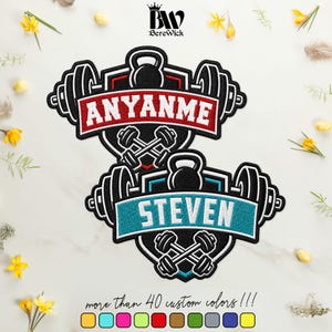 May include: Two embroidered patches featuring a black shield design with a kettlebell at the top and crossed barbells at the bottom. One patch has a red banner with the white text ANYANME, and the other has a teal banner with the white text STEVEN.