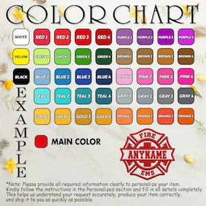 May include: A color chart featuring rows of labeled color swatches including white, yellow, black, red, purple, green, brown, blue, pink, teal, gray, gold, and orange. An example graphic shows a red fire department emblem with text.