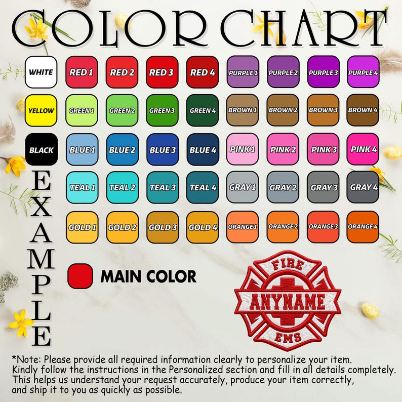 May include: A color chart featuring rows of labeled color swatches including white, yellow, black, red, purple, green, brown, blue, pink, teal, gray, gold, and orange. An example graphic shows a red fire department emblem with text.