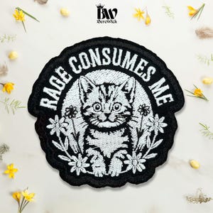 Rage Consumes Me Cat Embroidered Patch Funny Angry Kitty Floral Dark Humor Iron On Sew On Hook & Loop For Jacket Hat Jeans Backpack Gift