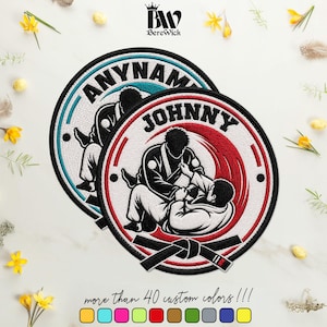 May include: Two circular embroidered patches featuring a Brazilian Jiu-Jitsu graphic of two figures grappling in white gis. One patch has a red circular background with the name JOHNNY, and the other has a teal background with ANYNAME.
