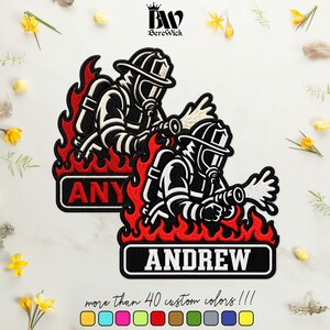 May include: Two embroidered patches featuring a firefighter in a helmet and gear spraying water from a hose, surrounded by red flames. One patch displays the name ANDREW in white block letters on a black background, while the other shows ANY.