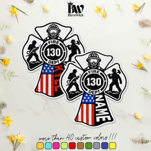 May include: Two white Maltese cross-shaped patches featuring a black firefighter silhouette, a central circle with the text FIRE DEPT 130, and a lower section with a red, white, and blue American flag design and the custom text KYLL or NAME.