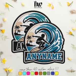 May include: Two circular embroidered patches featuring a black silhouette of a person surfing on a large teal and white wave. The background shows a tan sun and palm trees. Below the wave, a black banner displays the white text ANYNAME.