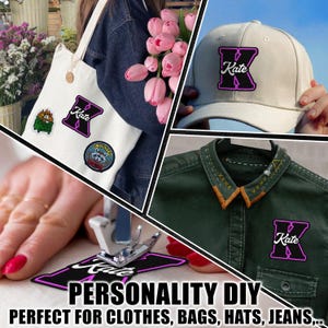 May include: A collection of custom iron-on patches featuring the letter K with the name Kate in white script. The patches are shown applied to a white canvas tote bag, a beige baseball cap, and a dark green button-down shirt with stitching.
