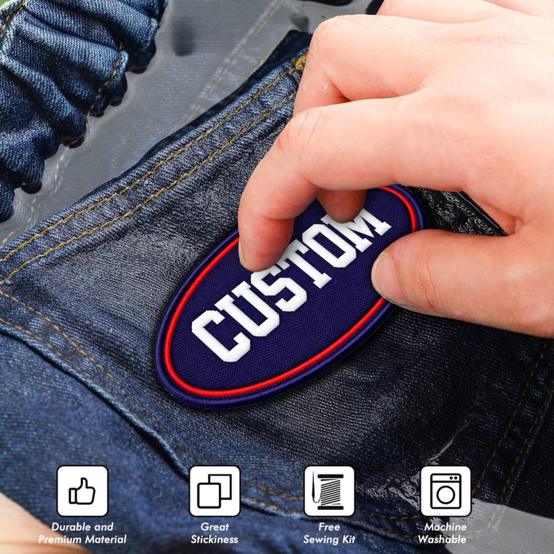 May include: An oval-shaped navy blue patch with a red border and the word CUSTOM in bold white capital letters. The patch is applied to dark blue denim fabric. Four icons below indicate durable material, stickiness, a sewing kit, and washability.