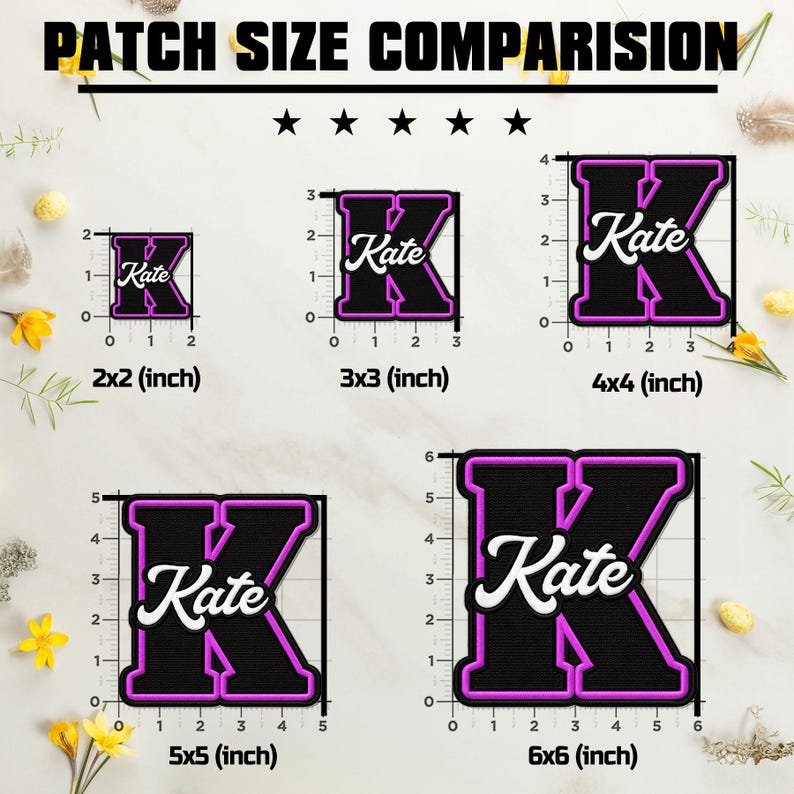 May include: A size comparison chart for black and pink embroidered letter K patches with the name Kate in white script. The chart displays five patches with dimensions labelled in inches: 2x2, 3x3, 4x4, 5x5, and 6x6 inches, each with a ruler guide.