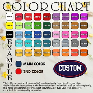 May include: A colour chart featuring a grid of labelled colour swatches including white, red, purple, yellow, green, brown, black, blue, pink, teal, grey, gold, and orange. An oval patch with the text CUSTOM is shown as an example.