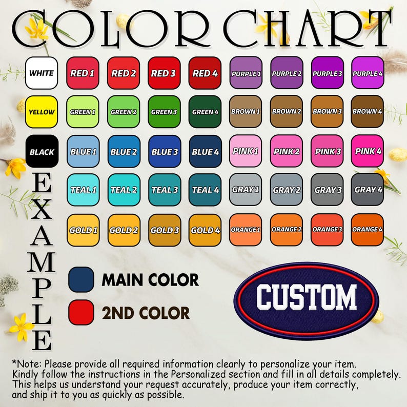 May include: A colour chart featuring a grid of labelled colour swatches including white, red, purple, yellow, green, brown, black, blue, pink, teal, grey, gold, and orange. An oval patch with the text CUSTOM is shown as an example.