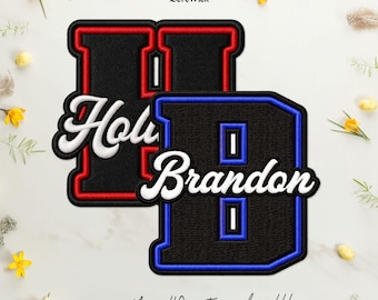 May include: Two embroidered patches featuring large block letters H and B in black with red and blue borders respectively. The white script text "Holly" is stitched over the H, and "Brandon" is stitched over the B. The BereWick logo is at the top.