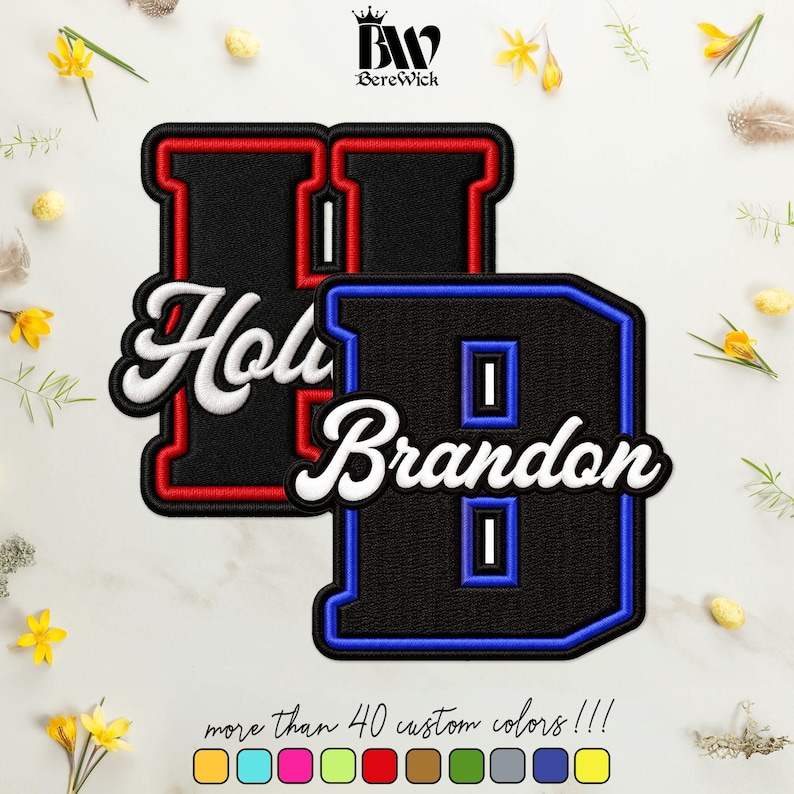 May include: Two embroidered patches featuring large block letters H and B in black with red and blue borders respectively. The white script text "Holly" is stitched over the H, and "Brandon" is stitched over the B. The BereWick logo is at the top.