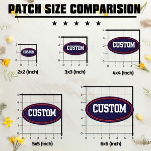 May include: A size comparison chart for oval patches featuring the text PATCH SIZE COMPARISION. Five navy blue oval patches with red borders and the white text CUSTOM are displayed against grid lines labelled in inches from 2x2 to 6x6.