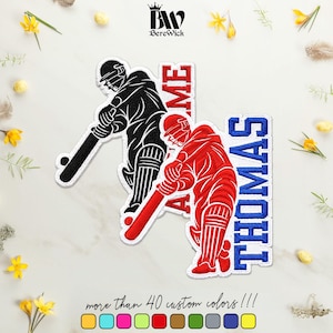 May include: Two embroidered patches featuring cricket players in batting stances. One patch is black with a cricket bat and ball, the other is red with a blue vertical text reading THOMAS. The BereWick logo is at the top with color options below.