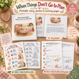 May include: A printable set titled When Things Don't Go to Plan featuring a story booklet about Penny and Paddy, color and black and white posters, and activity pages. The materials include illustrations of rabbits and text for children.