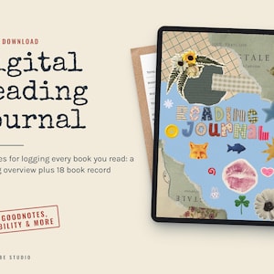 May include: A digital reading journal displayed on a tablet screen featuring a collage of torn paper, a sunflower, a fox, a fish, a star, a lip print, and a flower. The text reads Digital Reading Journal, 20 pages for logging every book you read, and For Goodnotes, Notability & More.