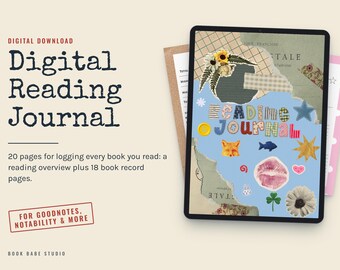 Könnte beinhalten: Ein digitales Lesetagebuch auf einem Tablet-Bildschirm mit einer Collage aus zerrissenem Papier, einer Sonnenblume, einem Fuchs, einem Fisch, einem Stern, einem Lippenabdruck und einer Blume. Der Text lautet Digital Reading Journal, 20 pages for logging every book you read, und For Goodnotes, Notability & More.