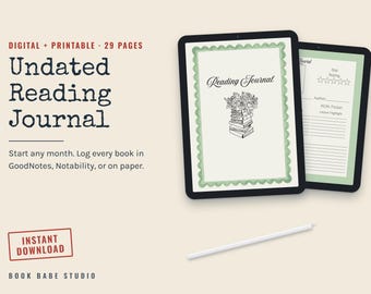 Könnte beinhalten: Ein digitales und druckbares, undatiertes Lesetagebuch mit 29 Seiten auf zwei Tablet-Bildschirmen. Der Text lautet: DIGITAL + PRINTABLE 29 PAGES, Undated Reading Journal, Start any month. Log every book in GoodNotes, Notability, or on paper.