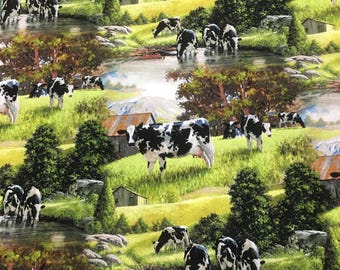 Cow in pasture by David Textiles 100% cotton 1 yard cuts