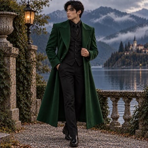 Men's Dark Green Wool Victorian Gothic Overcoat, Long Tailored Formal Coat