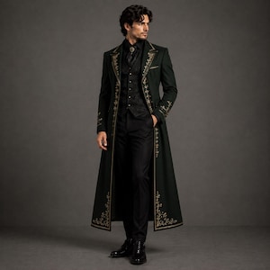 Men's Victorian Gothic Overcoat, Forest Green, Gold Embroidery, Steampunk Tailcoat