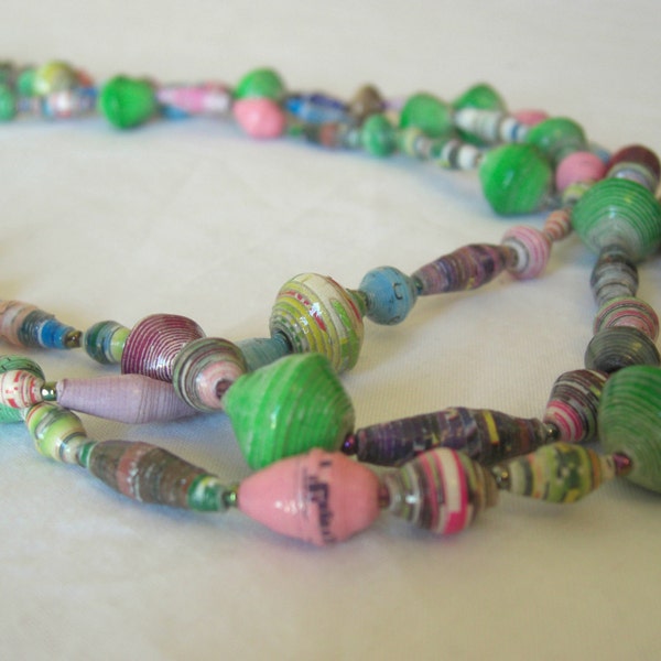 African necklace with recycled paper beads in green, pink, blue, violet, purple, multi-color