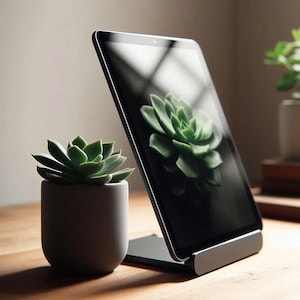 May include: A tablet computer with a black screen displaying a green succulent graphic, resting on a dark gray metal stand. Beside the stand sits a small, cylindrical, matte gray ceramic pot containing a live green succulent plant.