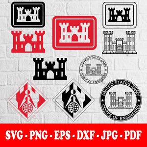 May include: A collection of digital graphic files featuring the United States Army Corps of Engineers castle logo in various styles, including solid black, red, and outlined versions, alongside circular emblems and diamond-shaped designs with text.