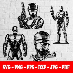Może przedstawiać: Kolekcja czterech czarno-białych ilustracji graficznych przedstawiających zrobotyzowaną postać stróża prawa w różnych pozach, w tym portret, popiersie z bronią oraz pełną sylwetkę. Tekst na dole brzmi SVG-PNG-EPS-DXF-JPG-PDF.