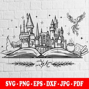 May include: A black and white line art illustration featuring a large castle rising from an open book. The design includes a pointed hat, a steaming cauldron, a phoenix, and a map. Below the book is a decorative branch motif with a lightning bolt.