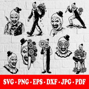 May include: A collection of black and white digital illustrations featuring a clown character in various poses, including holding a knife, carrying a sack of flowers, and wearing a small top hat. The text SVG, PNG, EPS, DXF, JPG, PDF is at the bottom.
