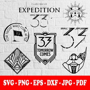 May include: A collection of black graphic designs featuring the text Expedition 33, Tomorrow Comes, and For Those Who Come After. The set includes various geometric emblems, a flag icon, a sun-like symbol, and a stylized mask illustration.