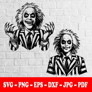 May include: A black and white graphic illustration featuring two versions of a character with wild hair, dark eye makeup, and a striped suit. The character is shown with raised hands and claws in one version. Text at the bottom reads SVG - PNG - EPS - DXF - JPG - PDF.