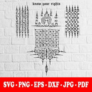 Puede incluir: Un diseño gráfico digital con escritura jemer en estilo de tinta negra y patrones geométricos yantra. El texto 'know your rights' está centrado en la parte superior, sobre una cuadrícula central de caracteres y dos columnas verticales.