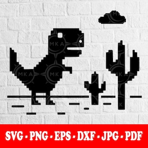 Peut inclure: Un graphisme noir pixélisé représentant un dinosaure, deux cactus et un nuage. Le motif est présenté sur un fond de briques blanches avec le texte SVG - PNG - EPS - DXF - JPG - PDF affiché en blanc sur une bannière rouge en bas.