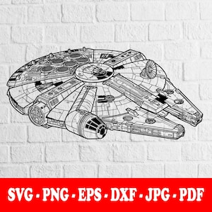 Könnte beinhalten: Eine schwarz-weiße Strichzeichnung eines kreisförmigen Raumschiffs mit einem Cockpit an der Seite, einer Radarschüssel und detaillierten mechanischen Paneelen. Unter der Grafik steht der Text: SVG - PNG - EPS - DXF - JPG - PDF.