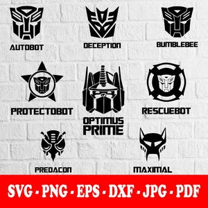 Könnte beinhalten: Eine Sammlung schwarzer grafischer Symbole der Transformers, darunter Autobot, Deception, Bumblebee, Protectobot, Optimus Prime, Rescuebot, Predacon und Maximal, mit den entsprechenden Textbeschriftungen und den unten aufgeführten Dateiformaten.
